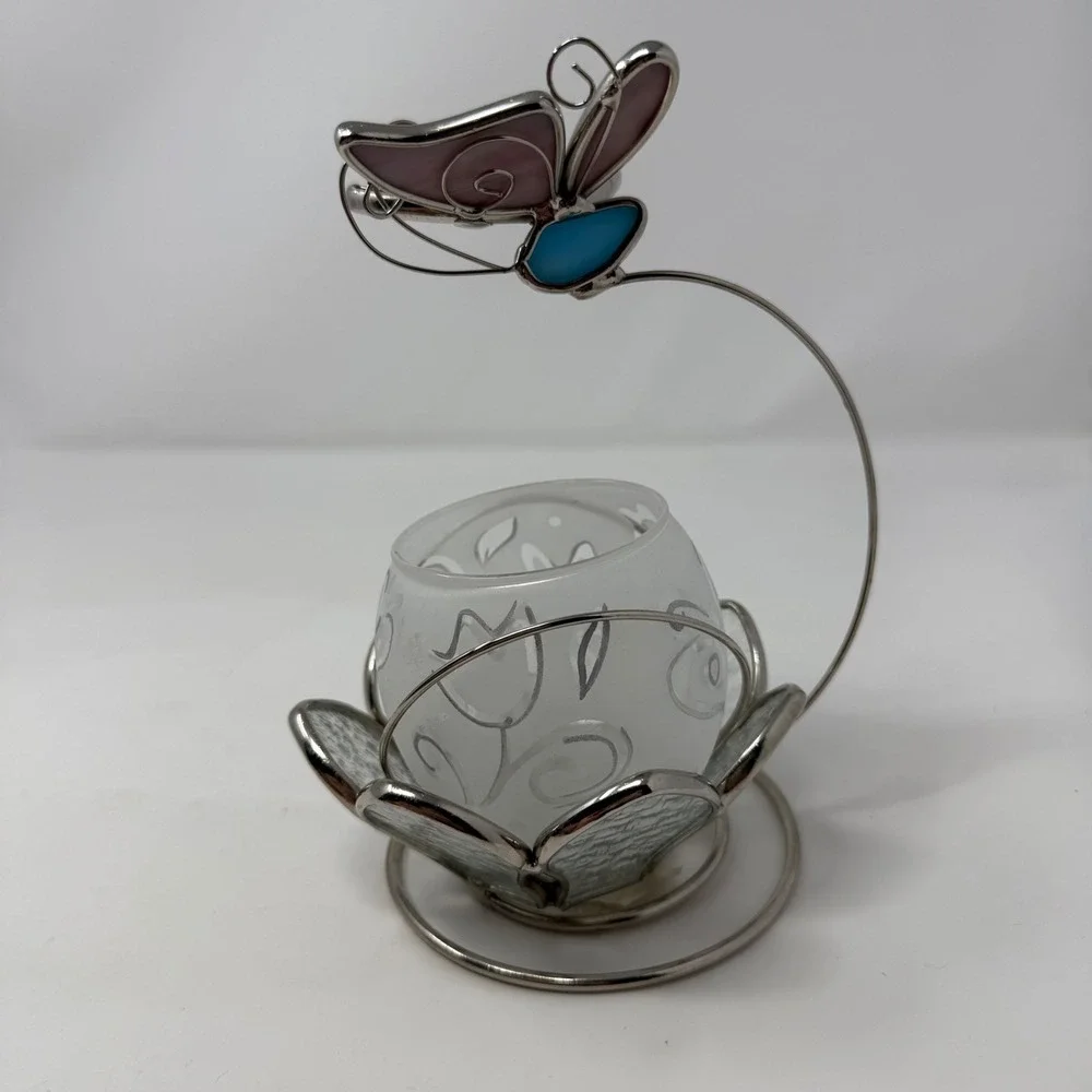 Stained Glass Butterfly Votive Candle Holder Frosted Floral Glass Purple Blue 7